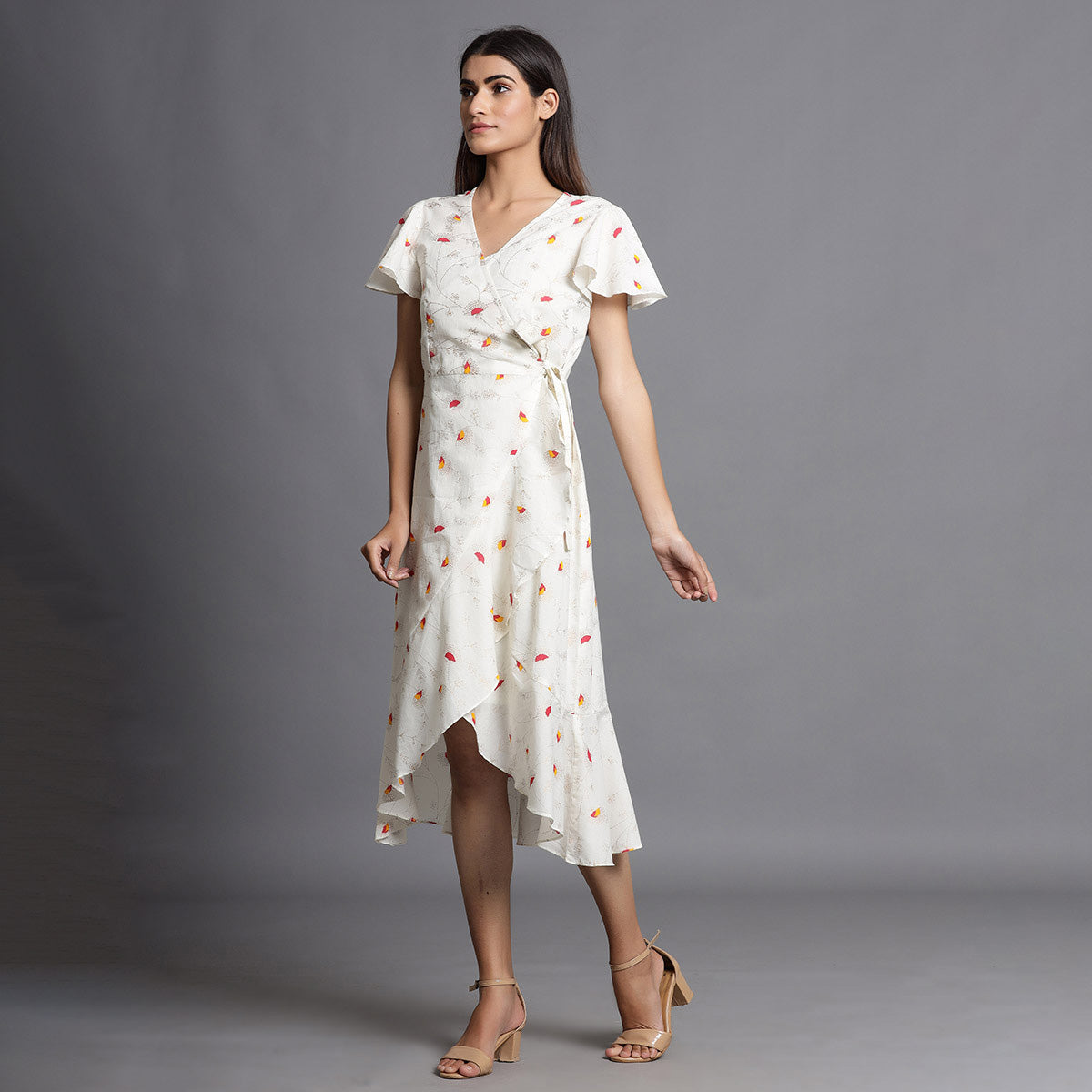 Floret With Mandala Strip on White Wrap-around Dress Jisora Jaipur