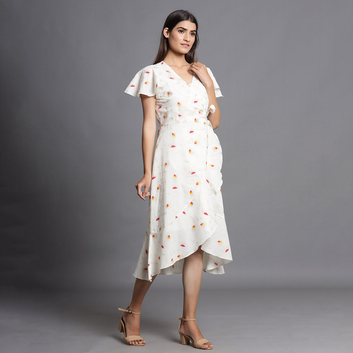 Floret With Mandala Strip on White Wrap-around Dress Jisora Jaipur