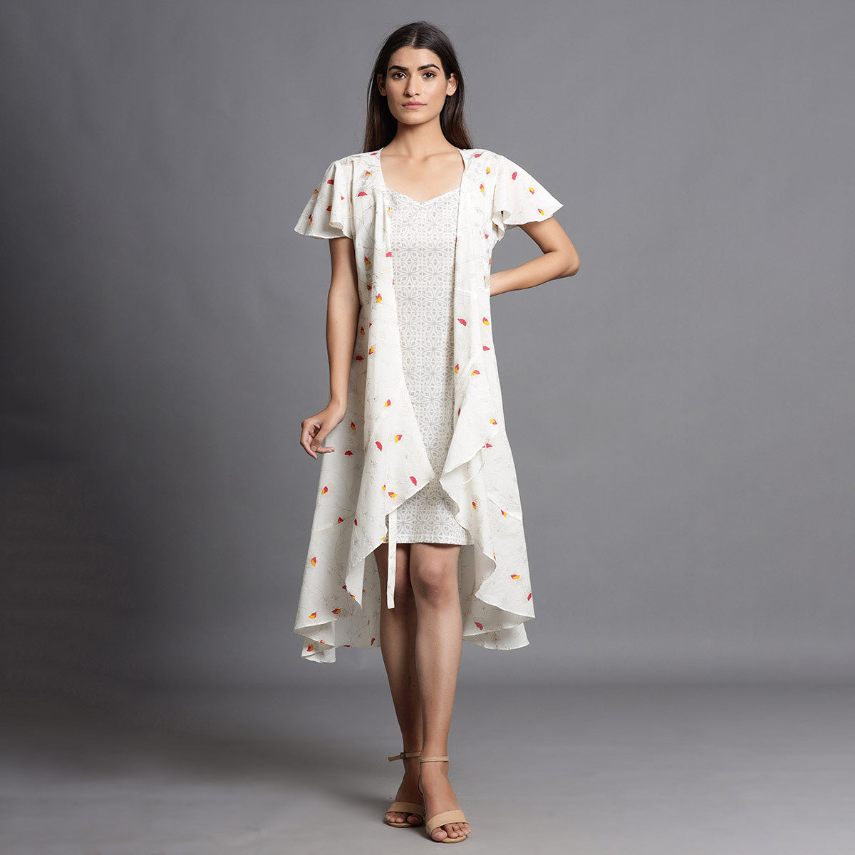 Floret With Mandala Strip on White Wrap-around Dress Jisora Jaipur