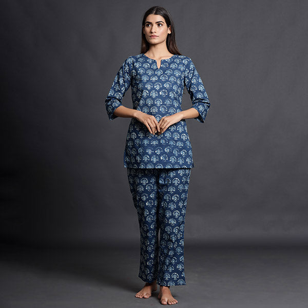 Stamped Motifs On Blue Loungewear JISORA