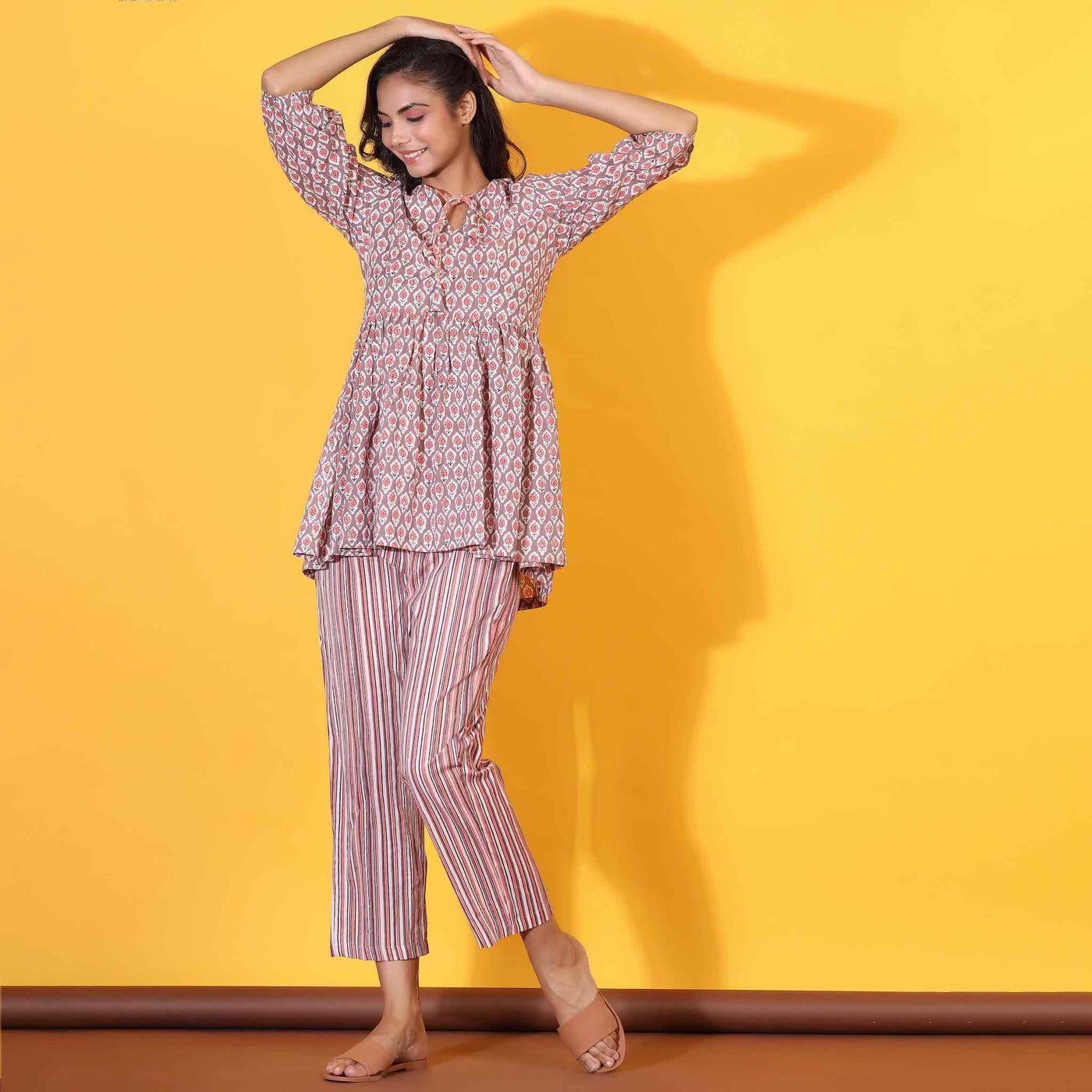 Floret with Contrast Stripes on Grey Peplum Top Set