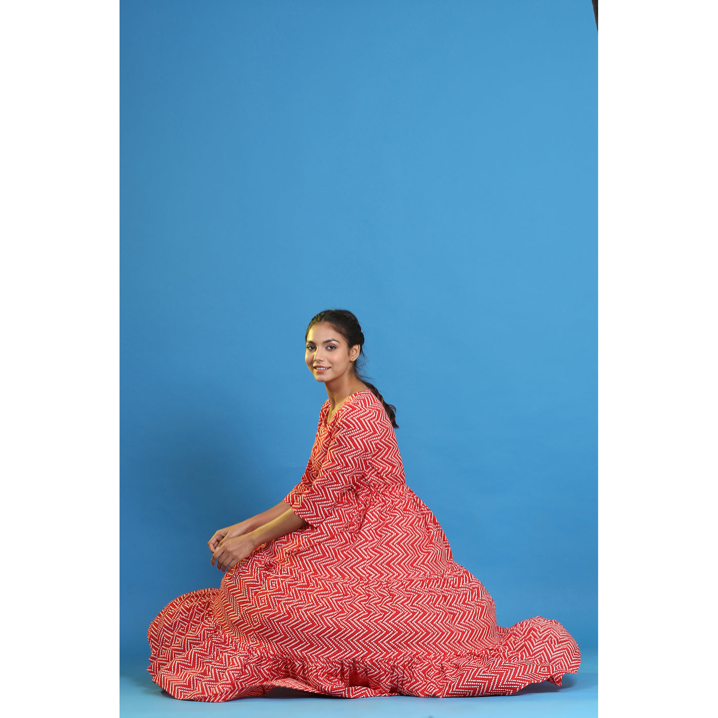 Patterned Bhandej on Red Feeding Maternity Midi Dress