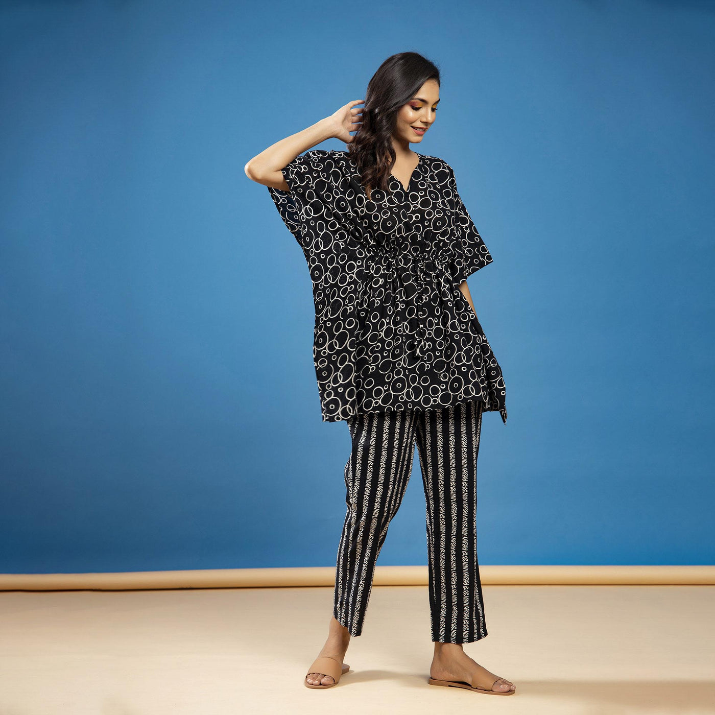 Circles with Contrast Stripes on Black Kaftan Pyjama JISORA