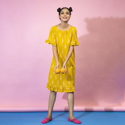 Tropical Leaves on Yellow T-Shirt Dress