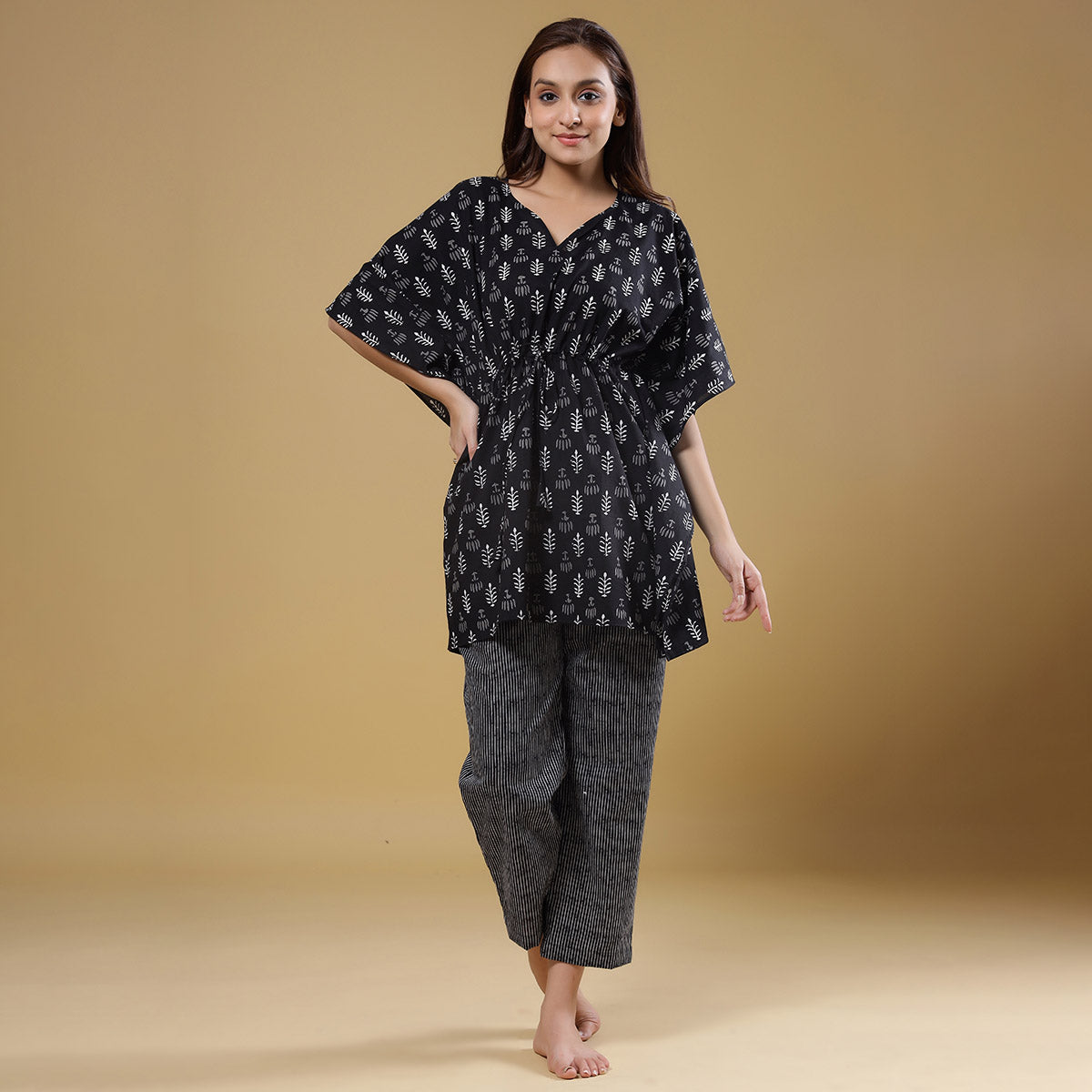 Autumn Leaves with Contrast Stripes on Black Kaftan Pyjama JISORA