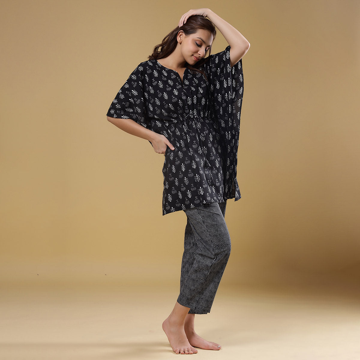 Autumn Leaves with Contrast Stripes on Black Kaftan Pyjama JISORA