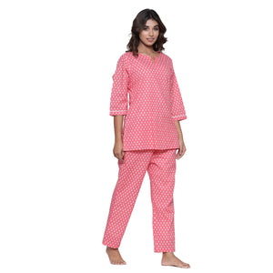 White Dahlia On Pink Cotton Loungewear Top Set