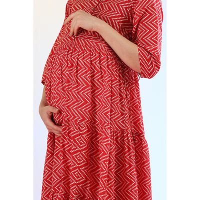 Patterned Bhandej on Red Feeding Maternity Midi Dress