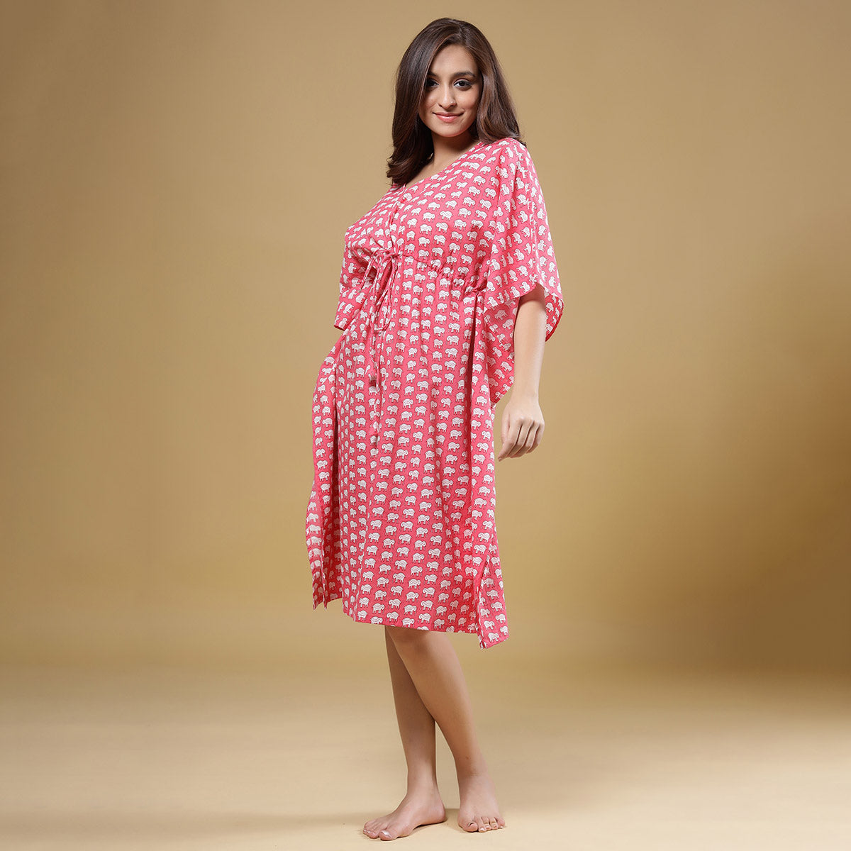 The Elephant Whisperer on Pink Midi Kaftan Jisora Jaipur