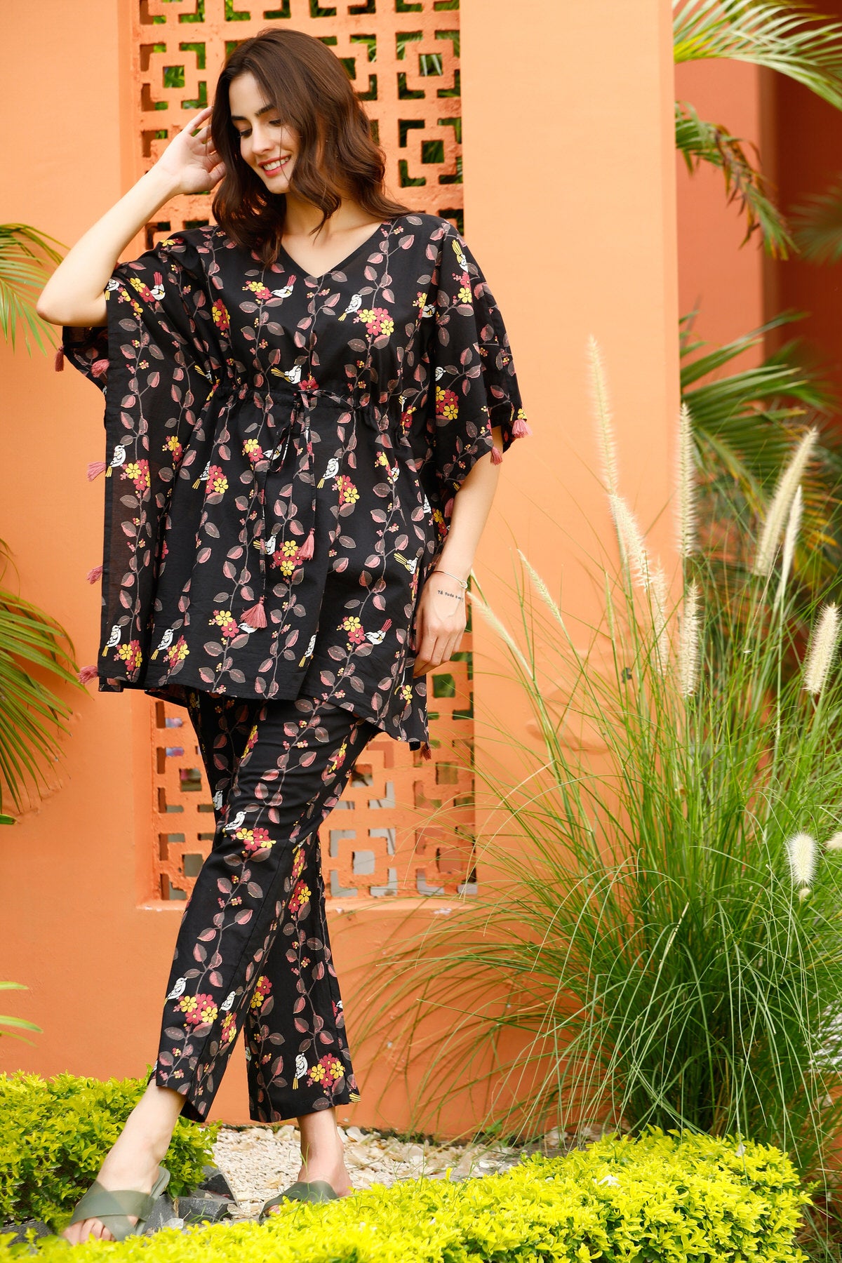 Black Peral Veil Cotton Kaftan pajama Set