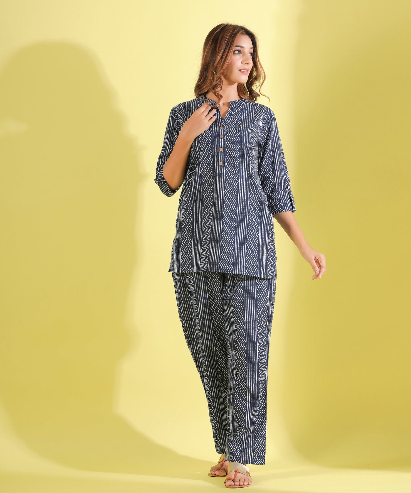 Parallel Bandhani On blue Cotton Loungewear Set