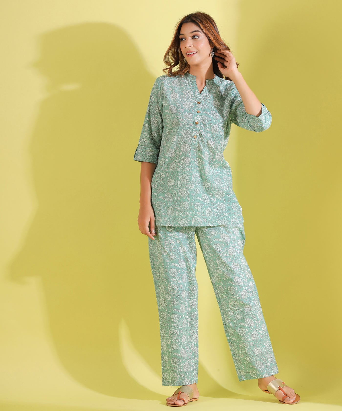 Amber Bloom on Skyblue Cotton Loungewear Set