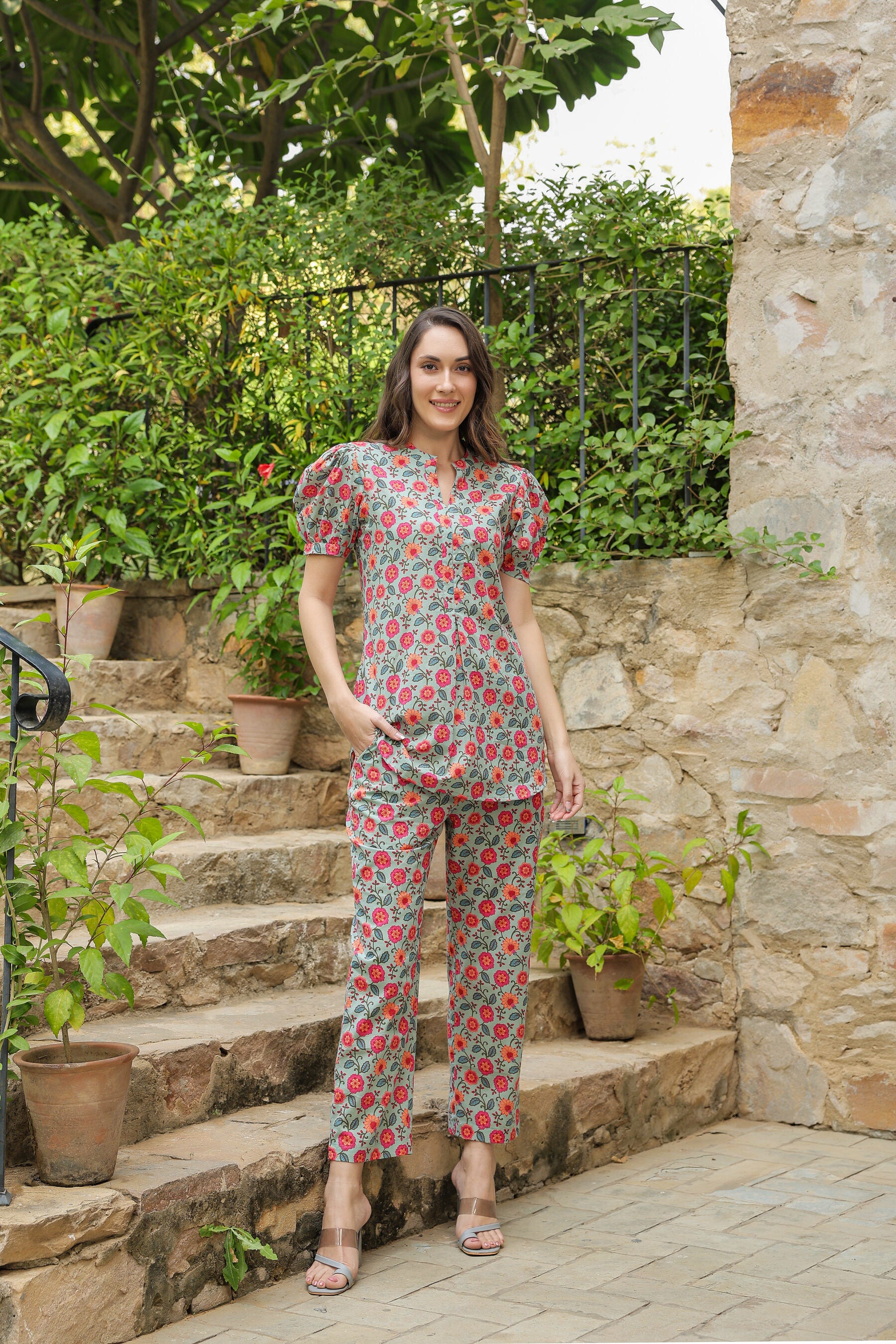 Floral folklore cotton Loungewear Top Set