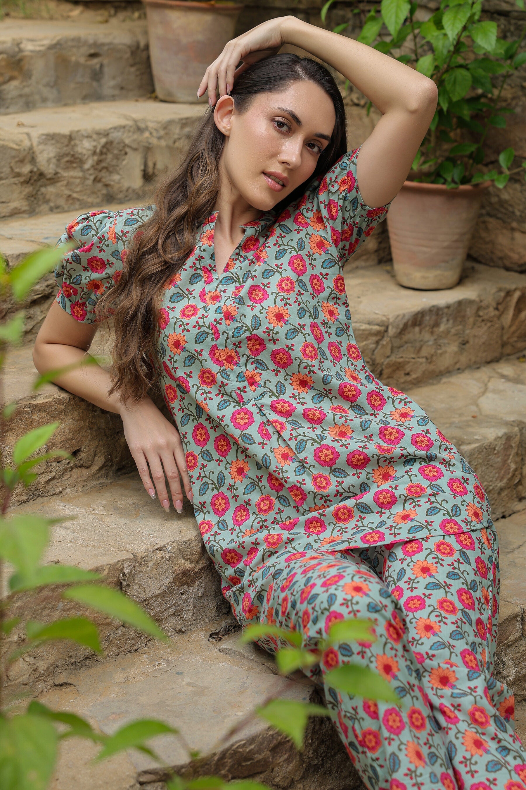 Floral folklore cotton Loungewear Top Set