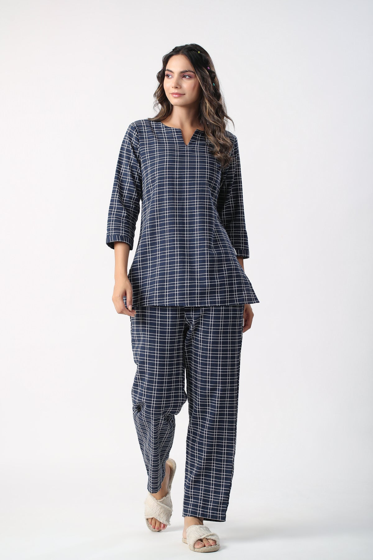 Checkered Blue Khadi Cotton loungewear set