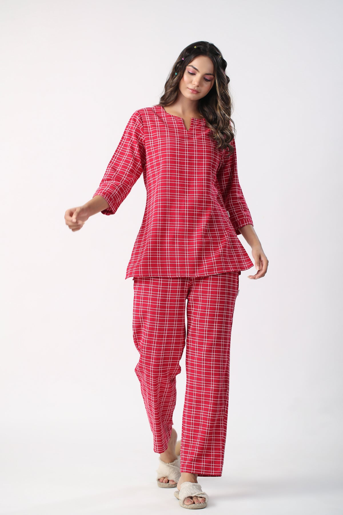 Checkered Maroon Cotton Flex Loungewear Top Set