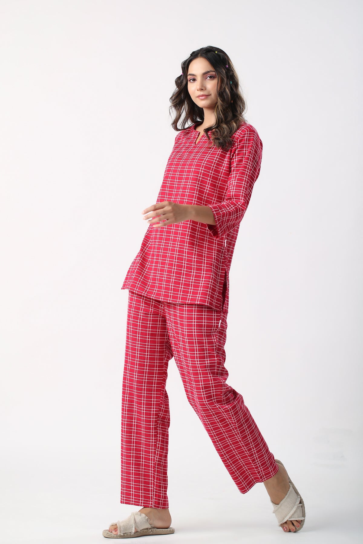 Checkered Maroon Khadi Cotton Loungewear set