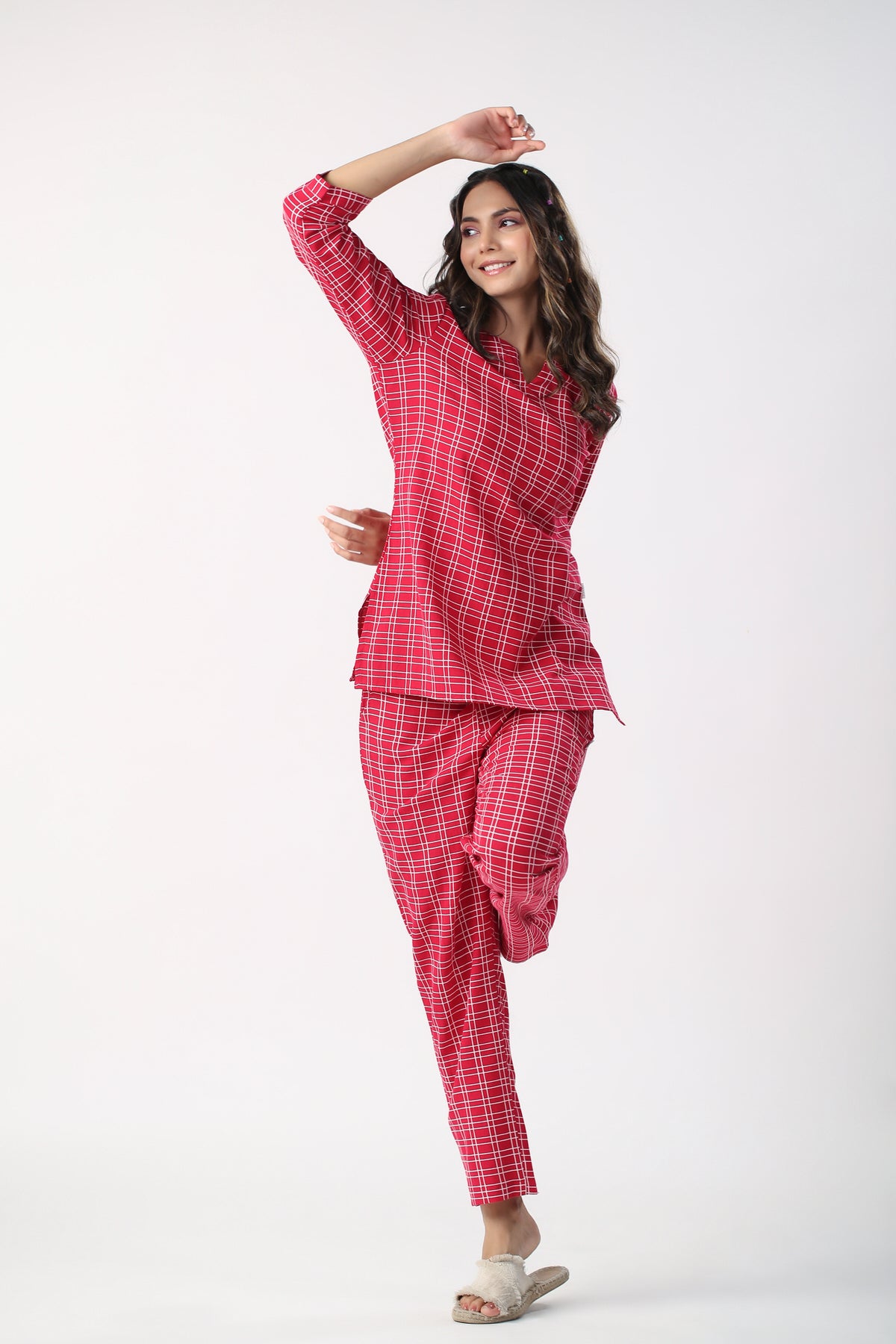 Checkered Maroon Cotton Flex Loungewear Top Set