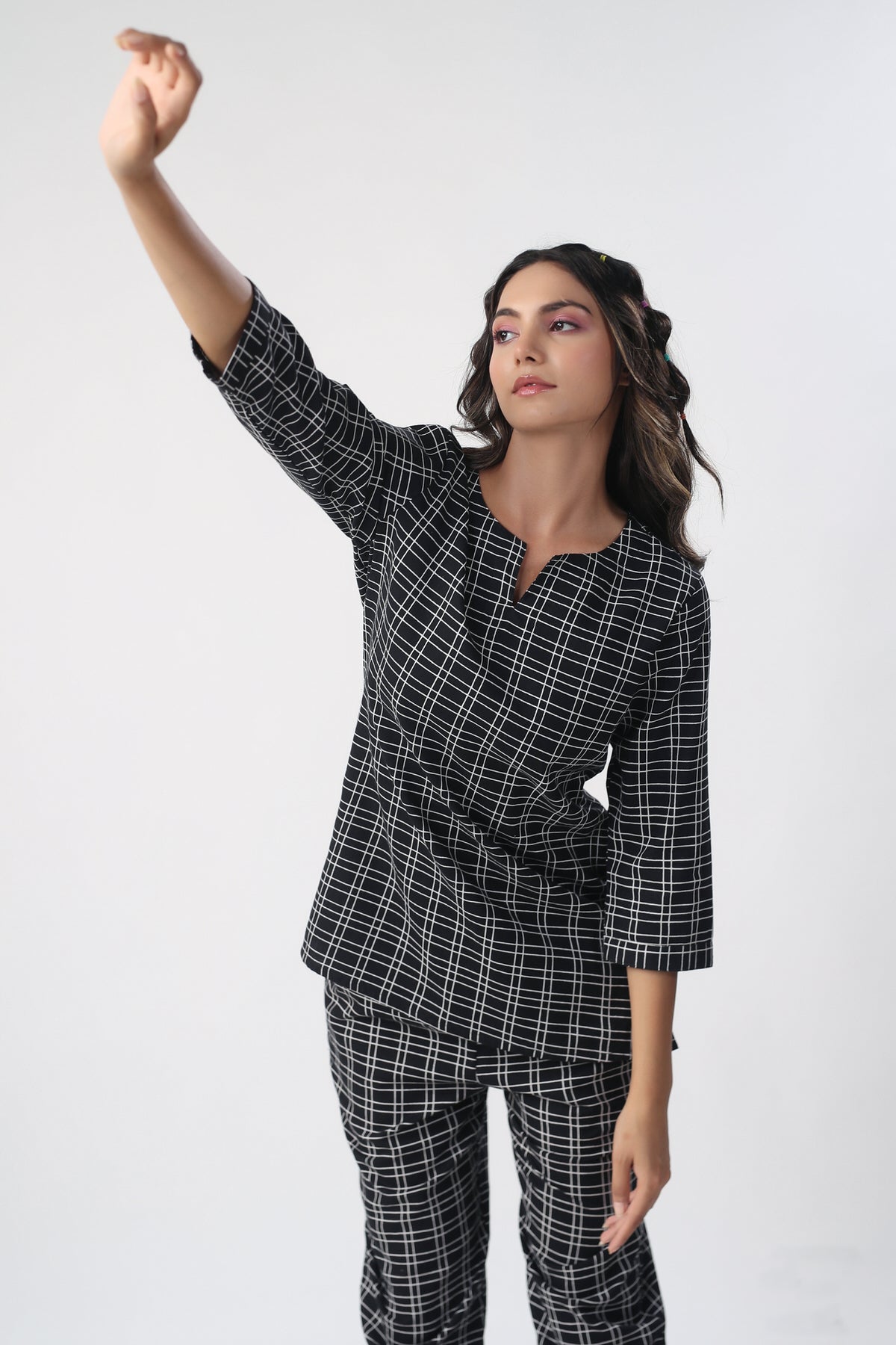 Checkered Black Khadi Cotton Loungewear Set