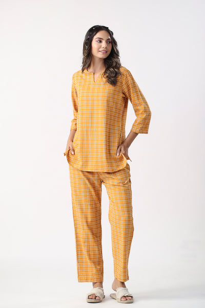 Checkered Saffron Cotton Khadi Loungewear set