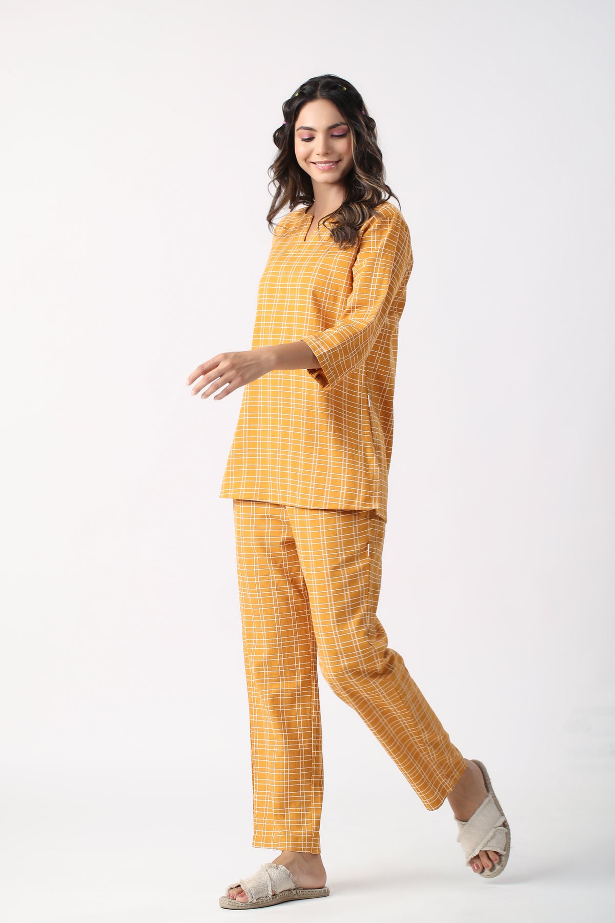 Checkered Saffron Cotton Khadi Loungewear set