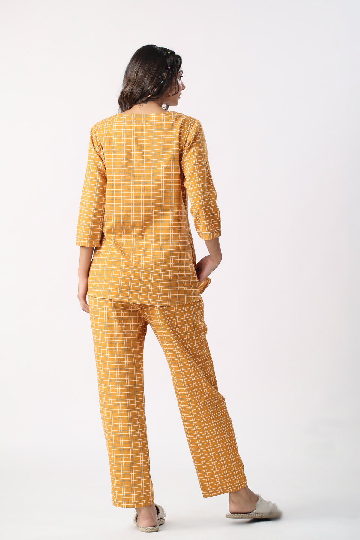 Checkered Saffron Cotton Khadi Loungewear set