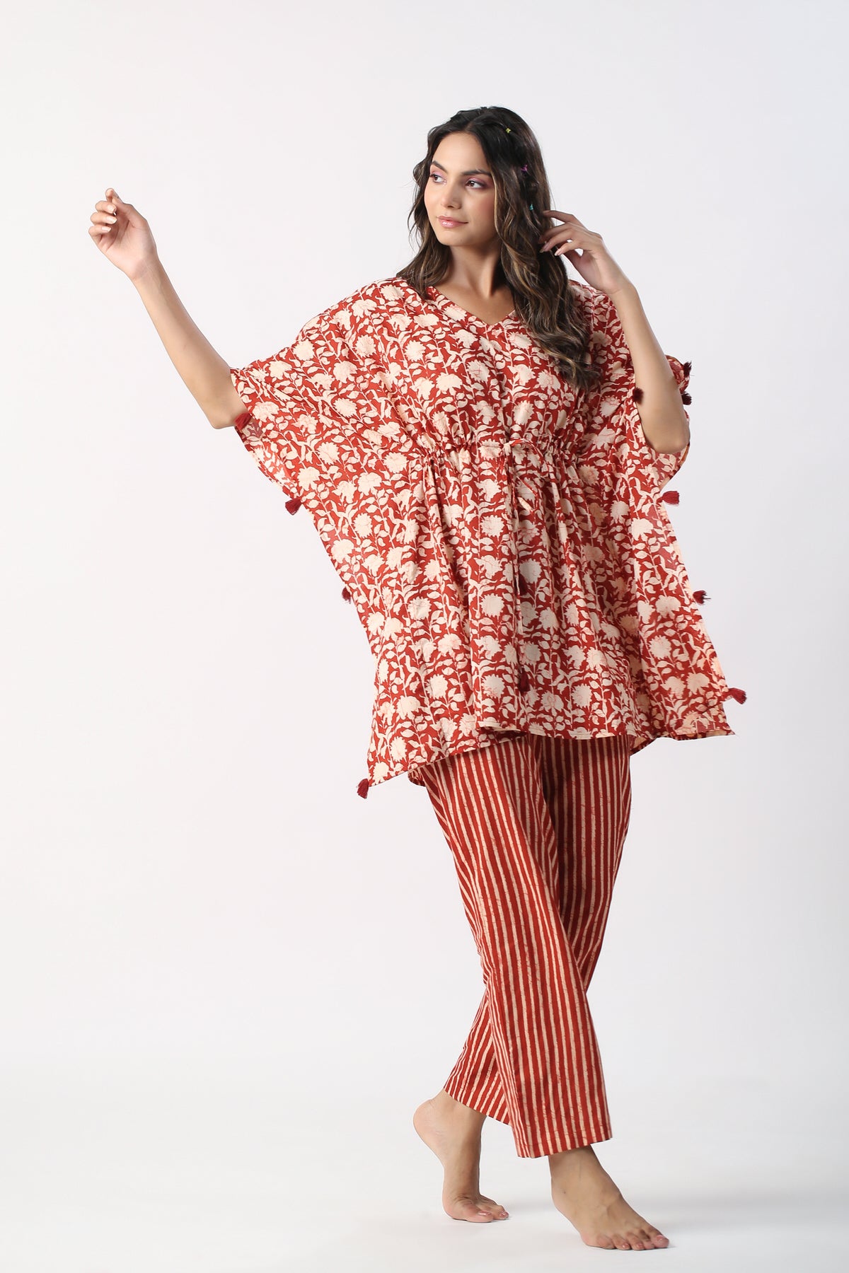 Monochrome maroon Jaal with Stripes Cotton Kaftan Pajama set