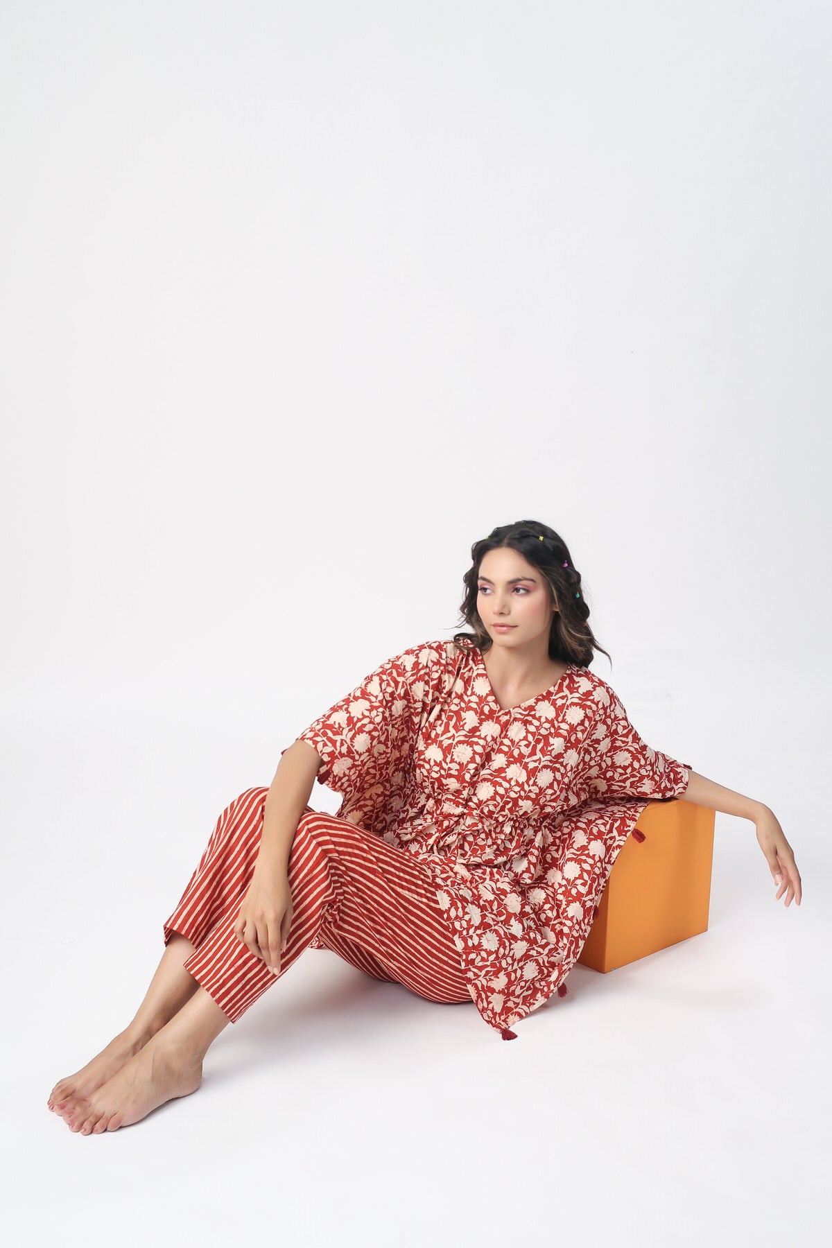 Monochrome maroon Jaal with Stripes Cotton Kaftan Pajama set
