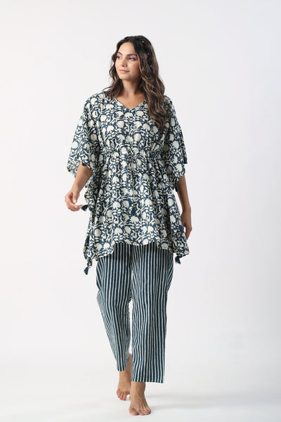 Monochrome blue Jaal with Stripes Cotton Kaftan Pajama set