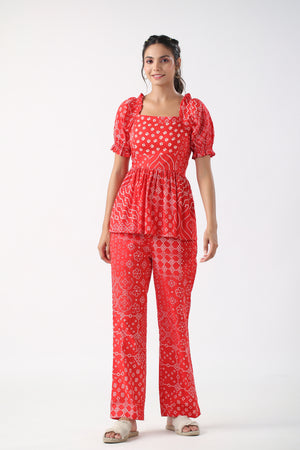 Retro Bhandani Red Cotton Co-ord Set