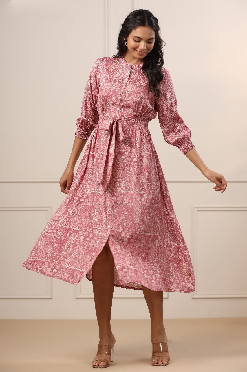 Traditional Motifs on Pink Russian Silk MIDI Dress