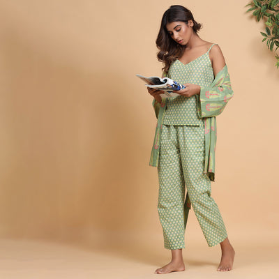 Three Piece Loungewear Set Green Jisora Jaipur