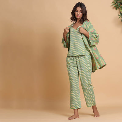 Three Piece Loungewear Set Green Jisora Jaipur