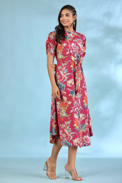 Multicoloured Jaal on Mauve Russian Silk Midi Dress
