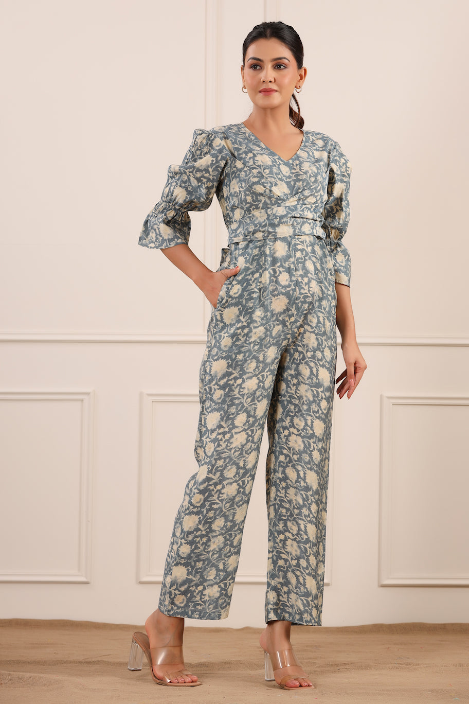 White Roses On Back Tie-up Silk Jumpsuit