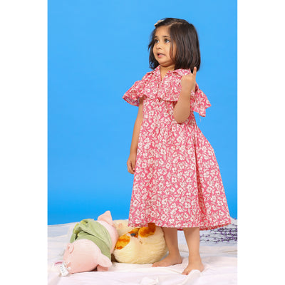 Floral Mosaic on Pink Off-shoulder Kids Dress