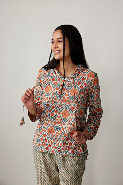 Coromandel Jaal with Zigzag on Multi coloured Cotton Hoodie Set