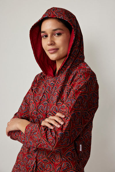 Red Traditional Motifs on Cotton Hoodie Set