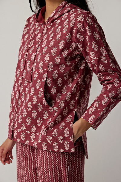 Paisley with Zigzag Stripes on Maroon Cotton Hoodie Set
