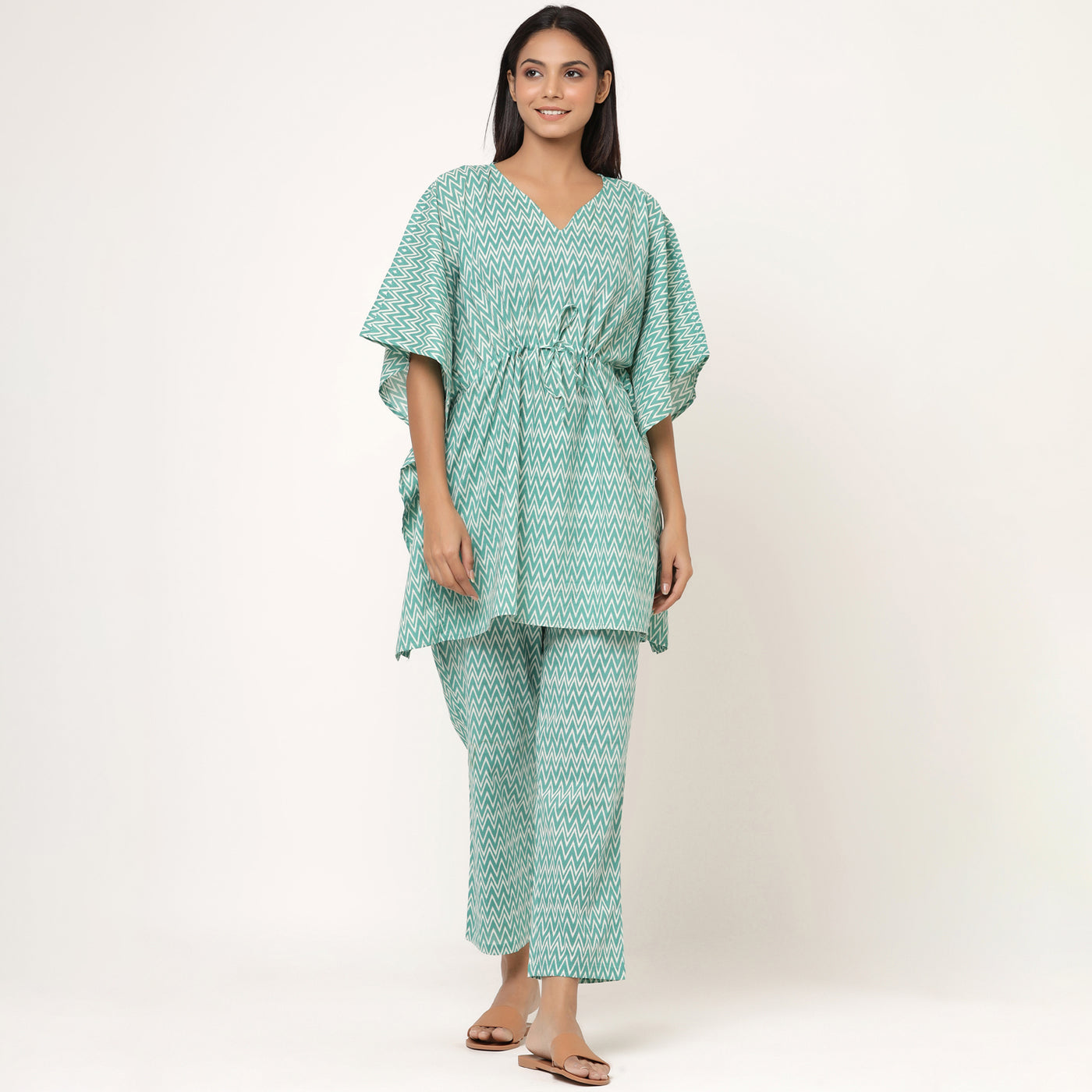 Zig-Zag Print on Sea Green Kaftan Pyjama