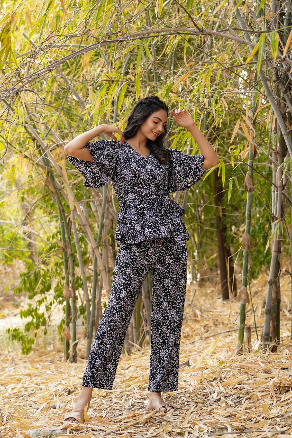 Floral Bouquet on Black Loungewear Top Set