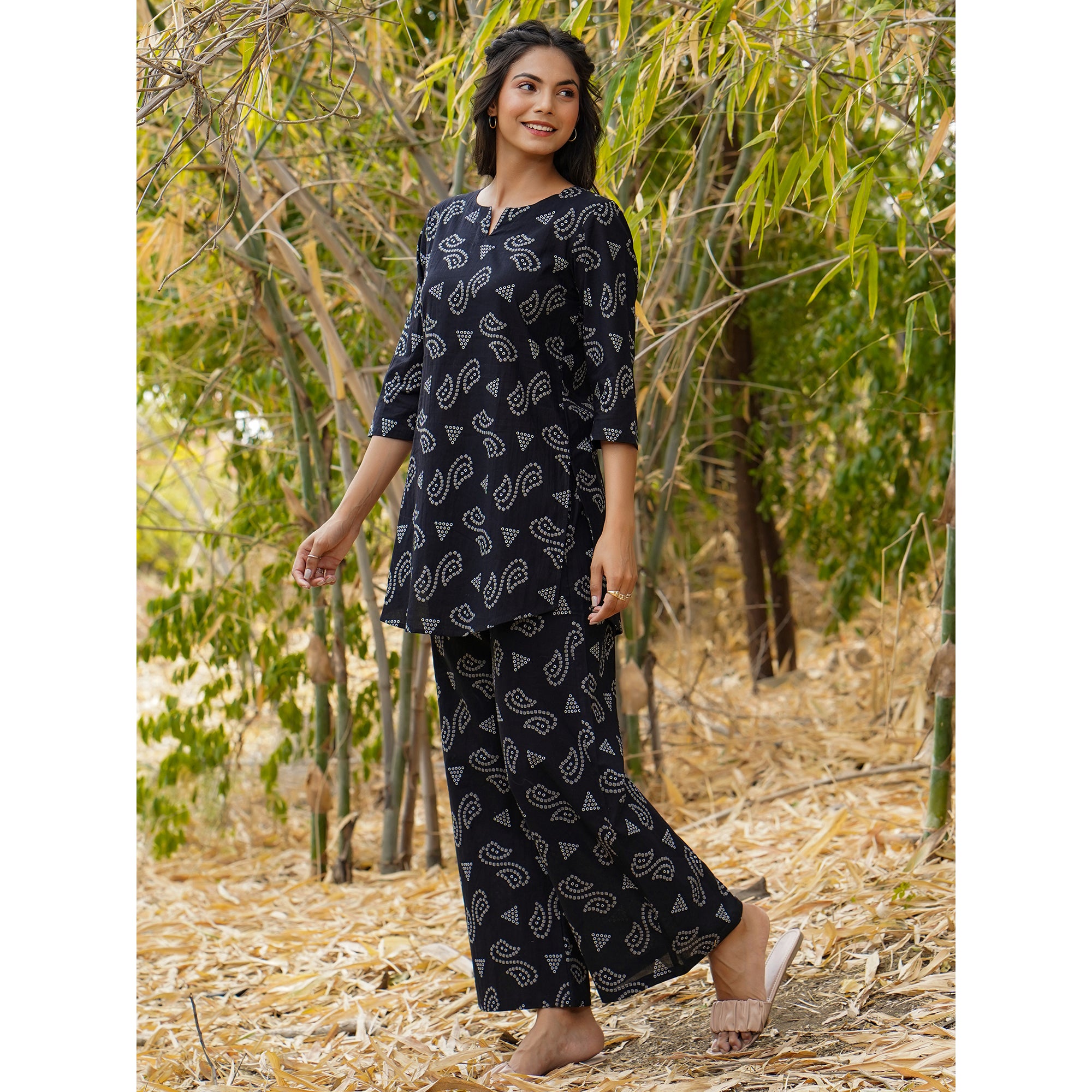 Patterned Bandhej on Black Loungewear Top Set