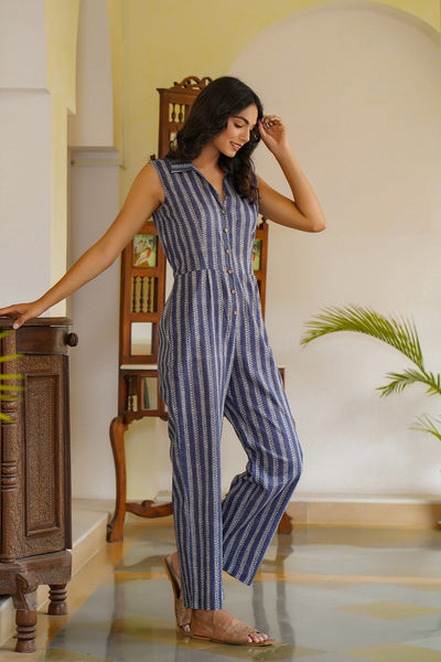Abstract stripes on Blue Jumpsuit