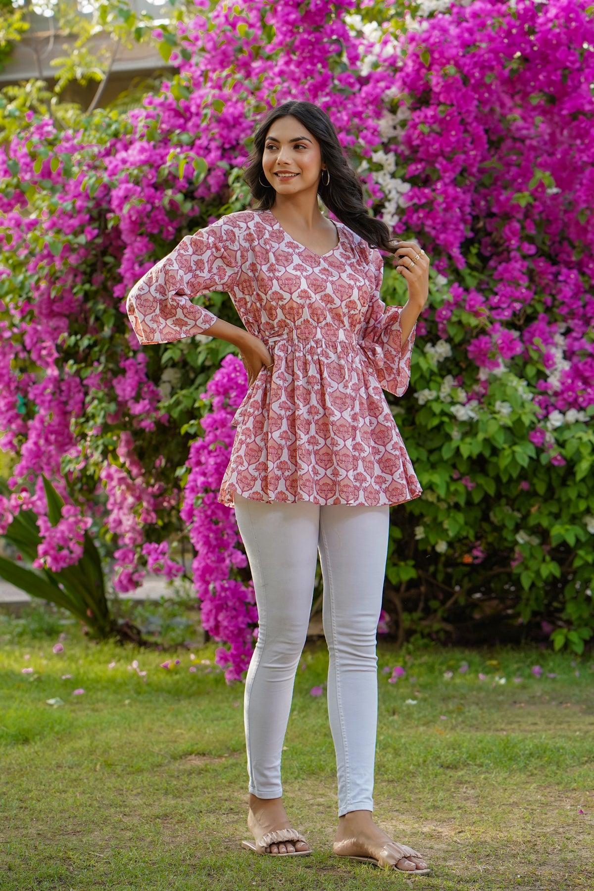 Lotus on Off-white Short Kurti