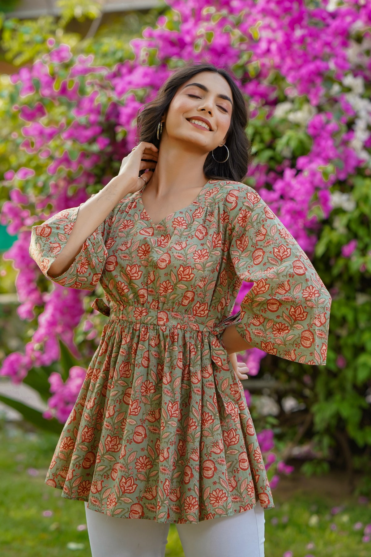 Floral Mosaic on Light Green Short Kurti