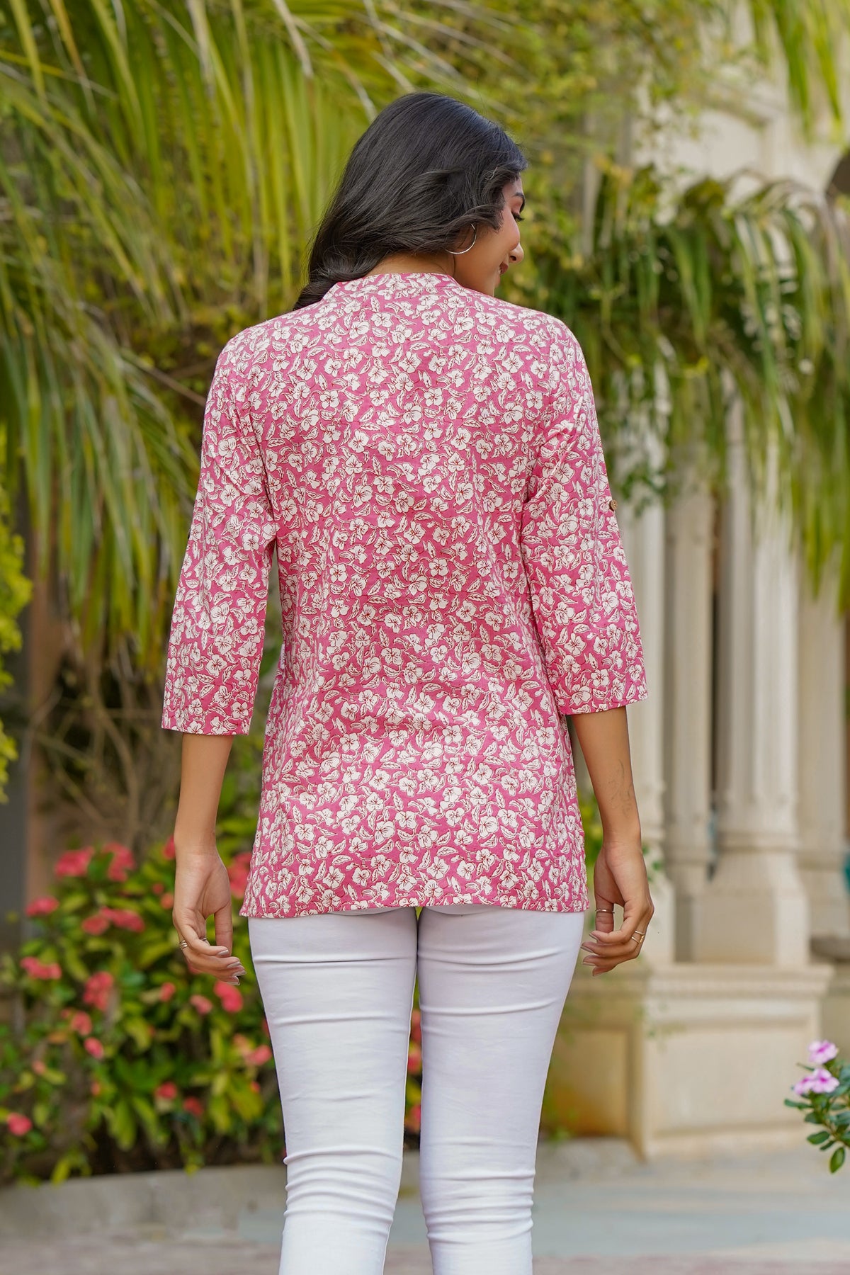 Floral Mosaic on Pink Short Kurti