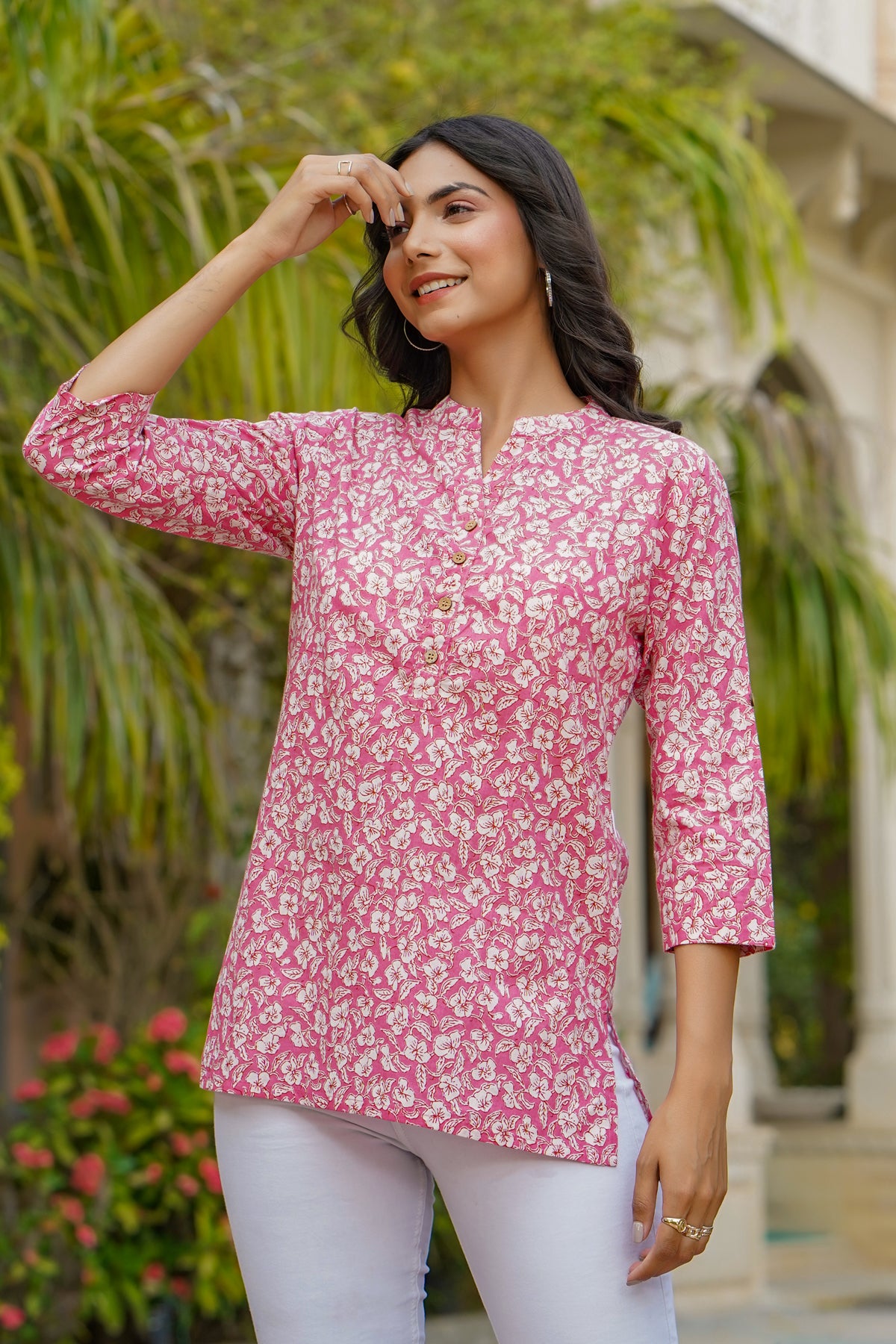 Floral Mosaic on Pink Short Kurti