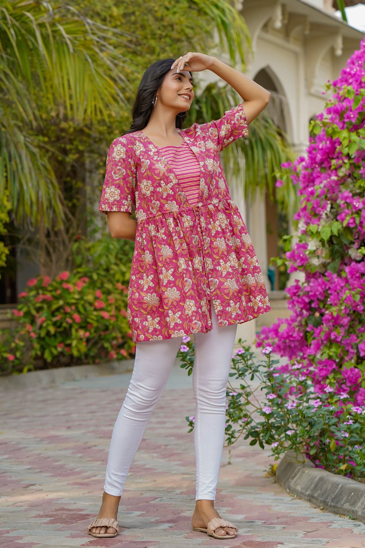 Floral Mosaic with Striped Inner on Pink Short Kurti