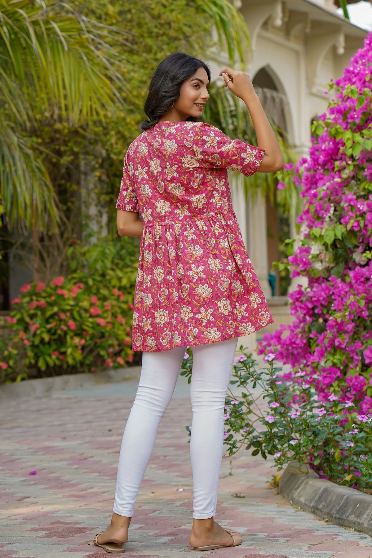 Floral Mosaic with Striped Inner on Pink Short Kurti
