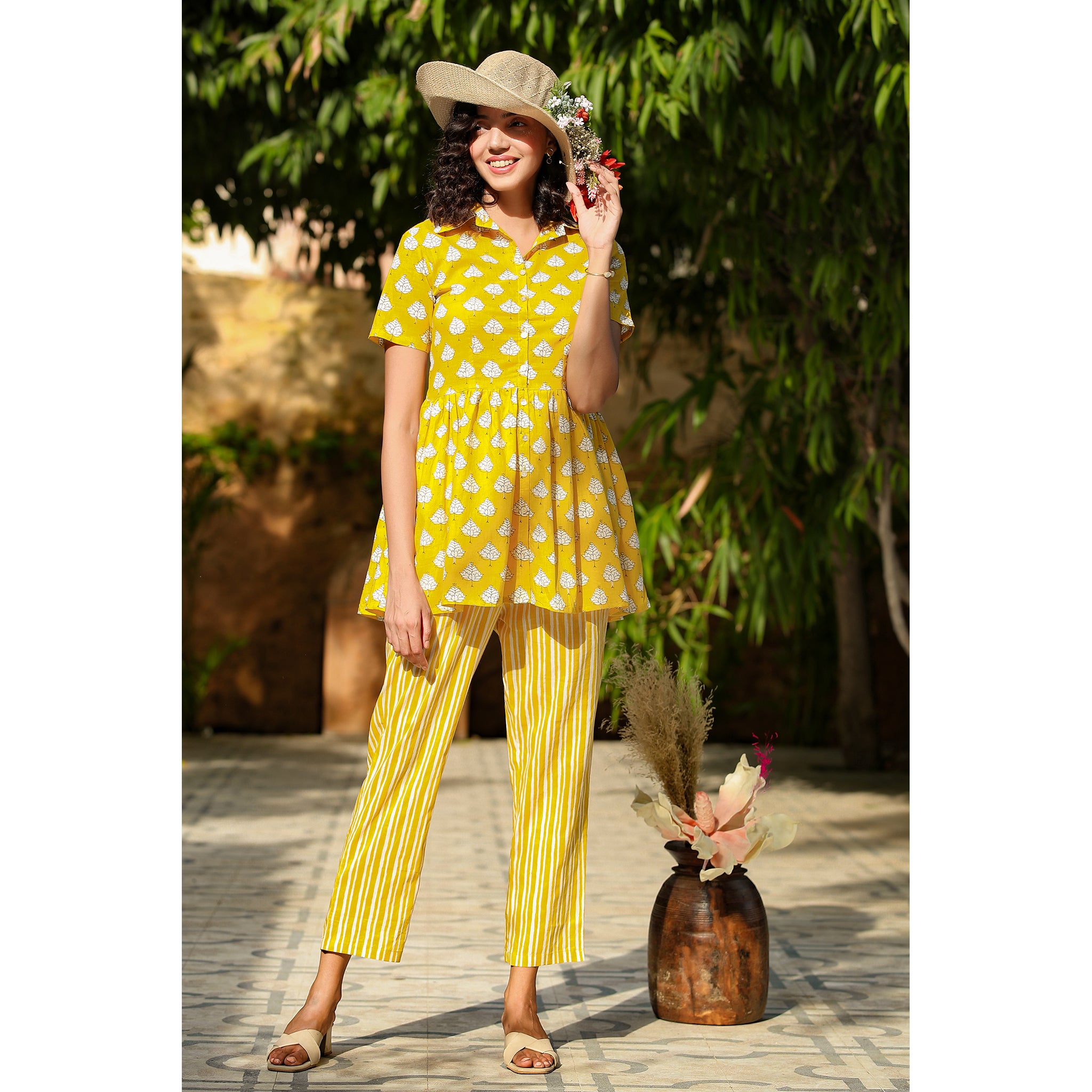 Tropical leaves with stripes on yellow Peplum Loungewear Top Set